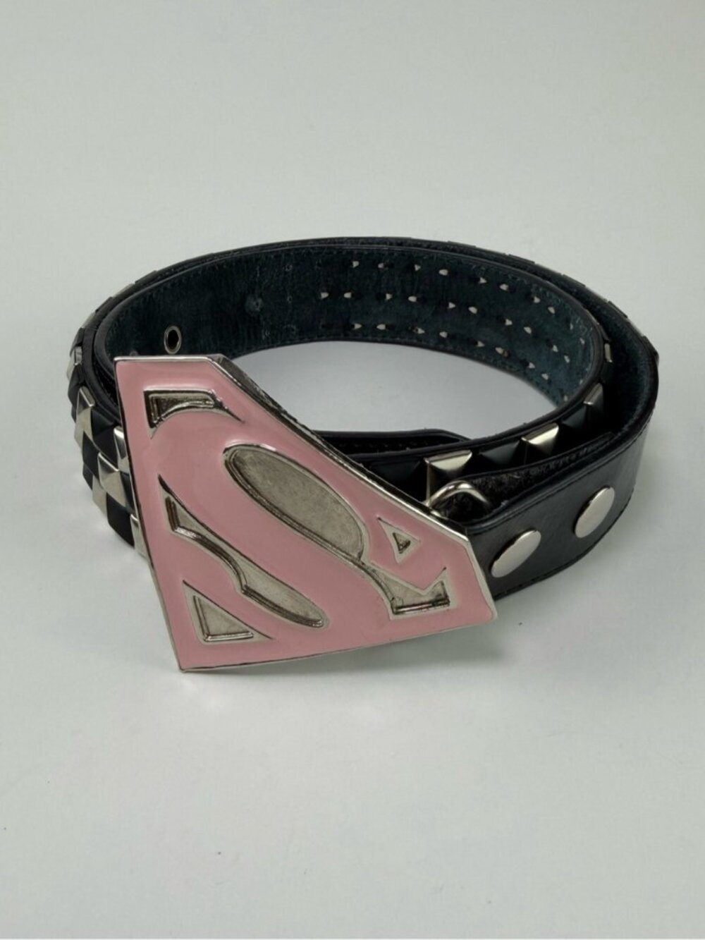 Studded Leather Belt with Pink Superman Buckle Size Medium Y2K - Picture 4 of 10